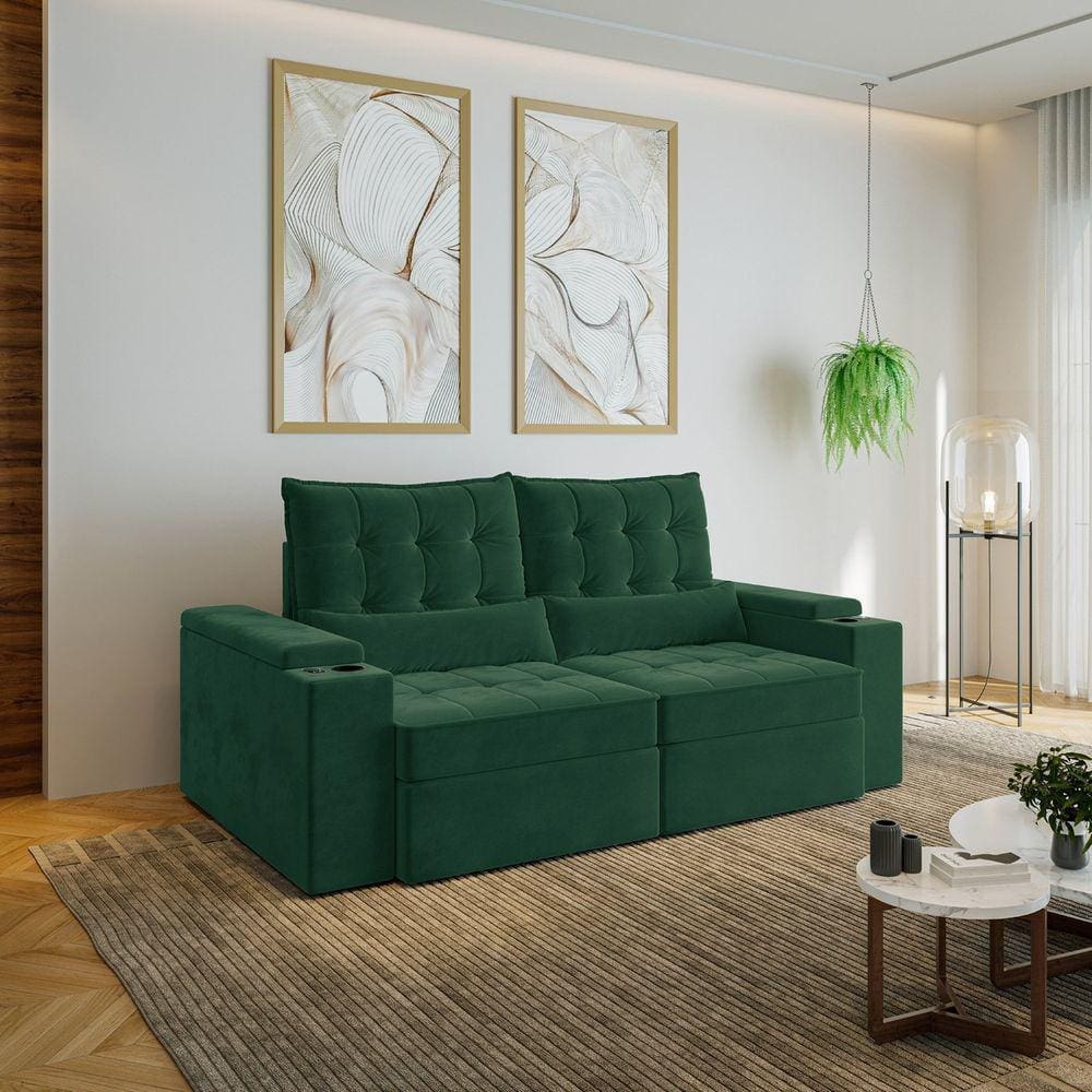 Sofá Retrátil e Reclinável com Porta Copos e Usb 3 Lugares 210cm Embaúba Extra Cabecasa Madeiramadei Verde Diamante