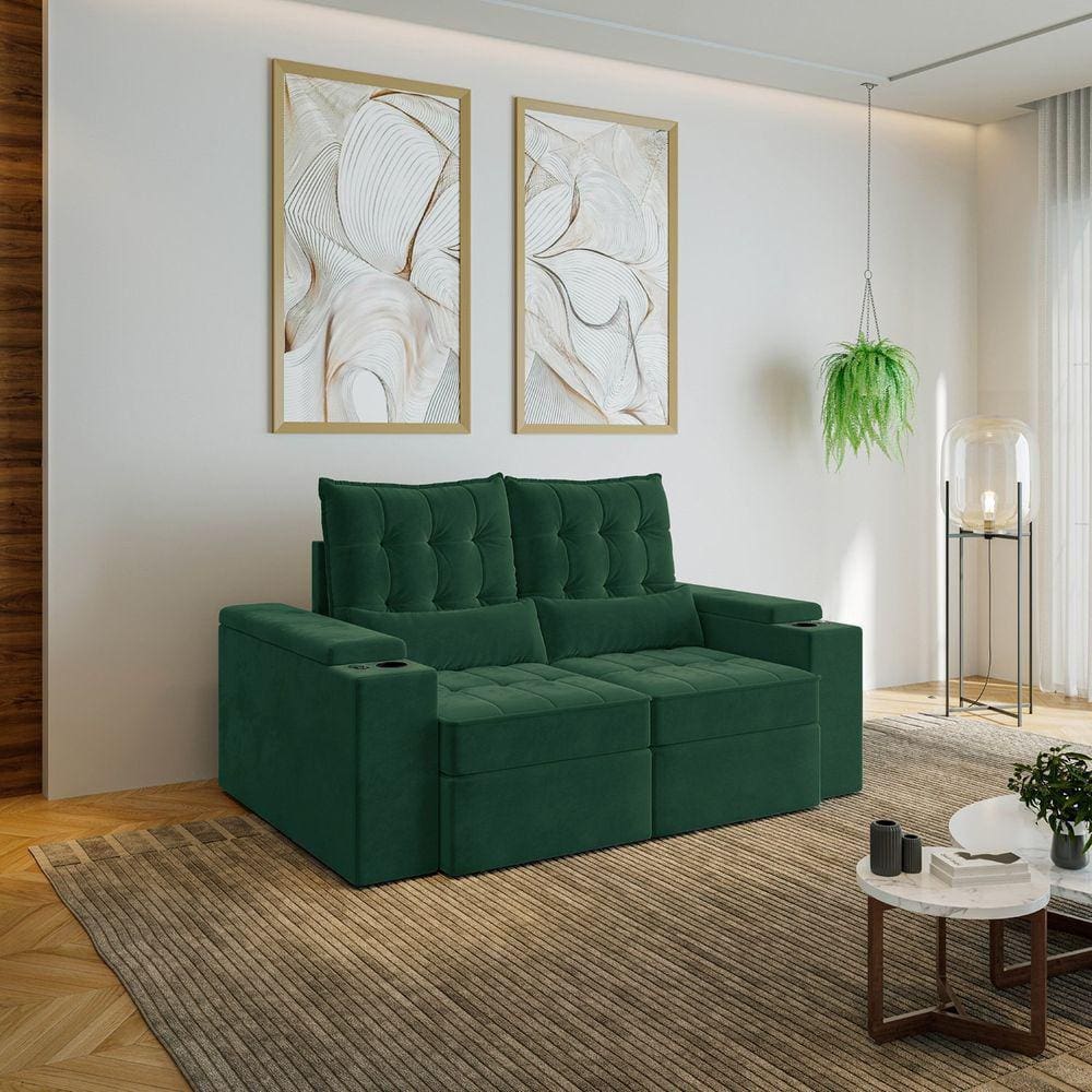 Sofá Retrátil e Reclinável com Porta Copos e Usb 3 Lugares 180cm Embaúba Extra Cabecasa Madeiramadei Verde Diamante