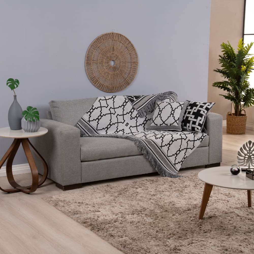 Kit Xale para Sofá com Franja Grécia Tecido Jacquard Acompanha Almofadas Cheias 5 Peças