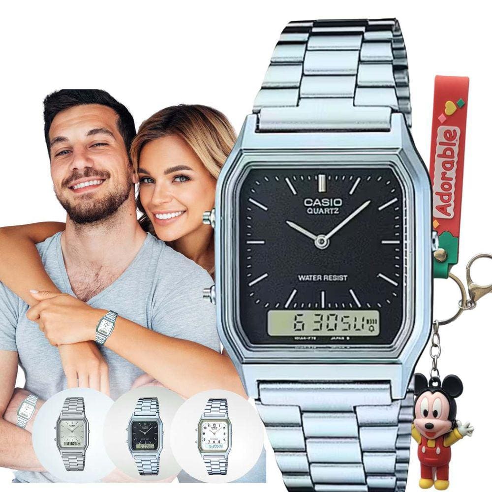 Relógio Pulso Casio Unissex Vintage Feminino Masculino Pequeno Quadrado Digital Analógico Prova Dágua 3 ATM Prata AQ-230A + Chaveiro