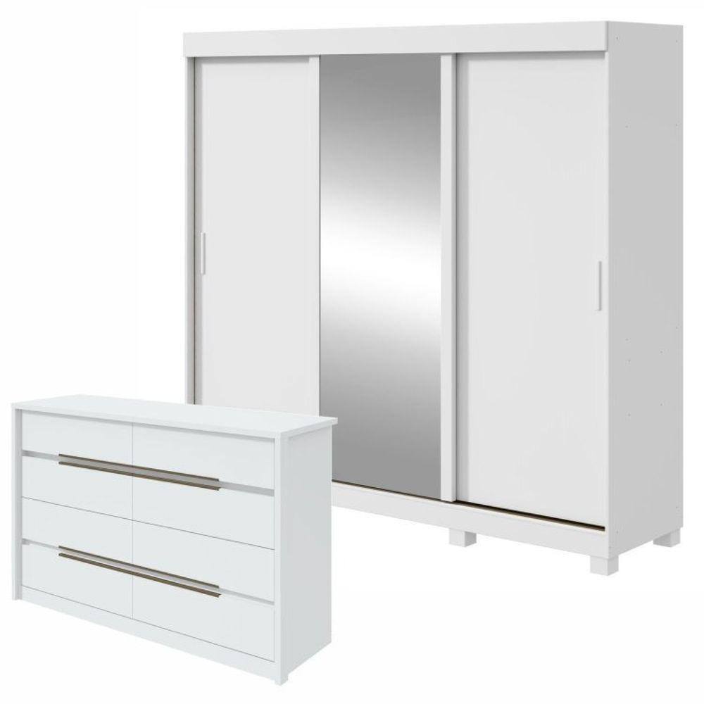 Conjunto de Guarda-Roupa 3 Portas 3 Gavetas Saion Plus 1 Porta Glass com Pése Cômoda Urban Branco