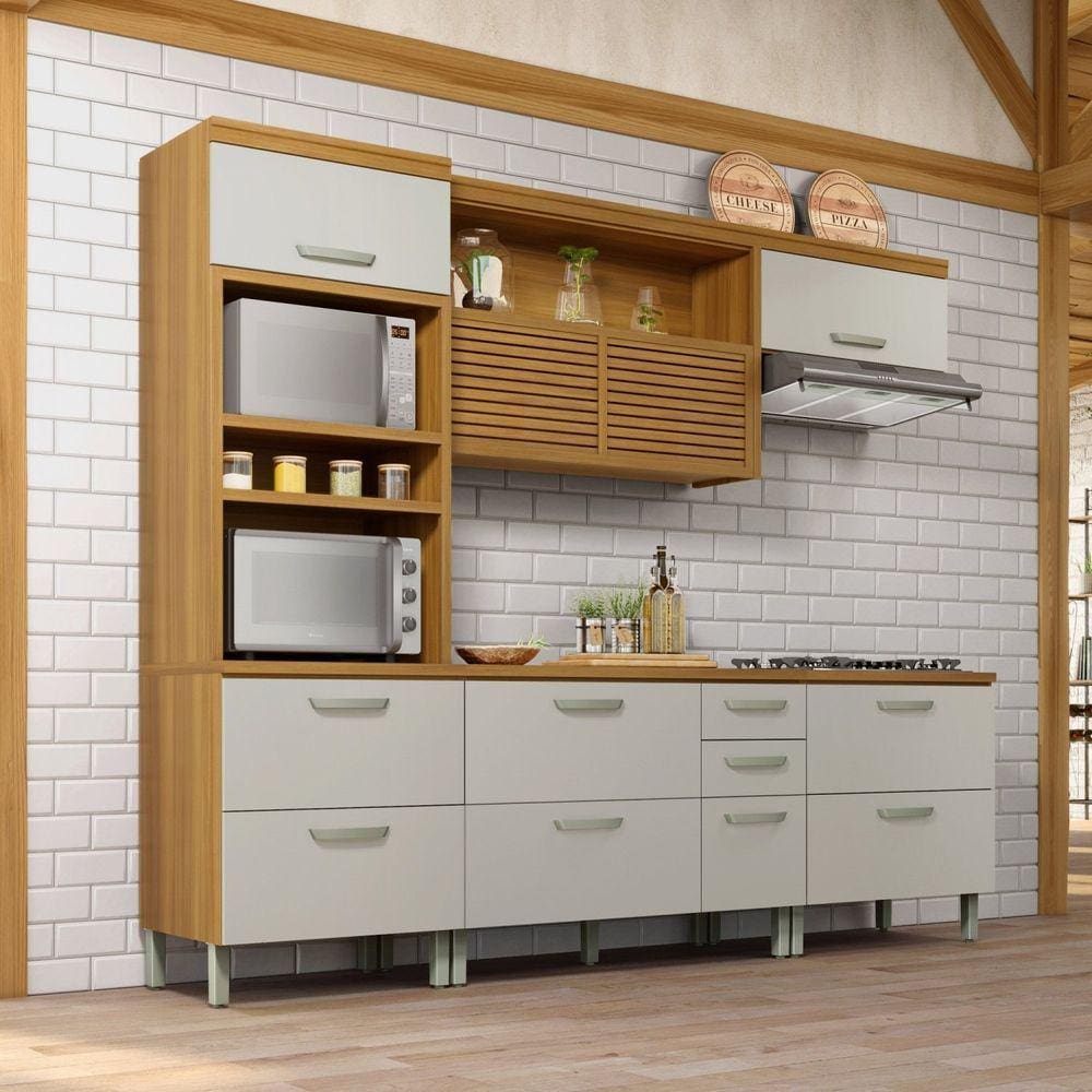 Cozinha Torre Quente 4 Peças Ripado Princesa 100% Mdf Freijó/Off White