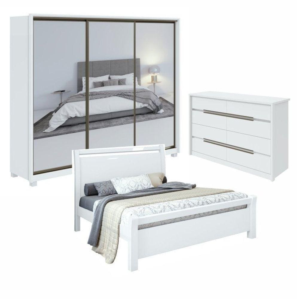 Quarto com Guarda-Roupa Casal com 3 Espelhos 3 Portas, Cômoda Urban 8 Gavetas e Cama Casal Reali Branco
