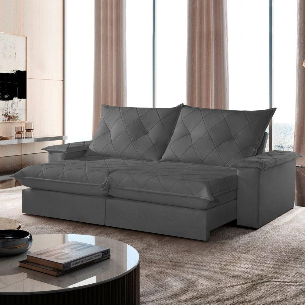 Sofá Retrátil e Reclinável com Catraca Blindada 280cm Mônaco Veludo Jolie/Grafite