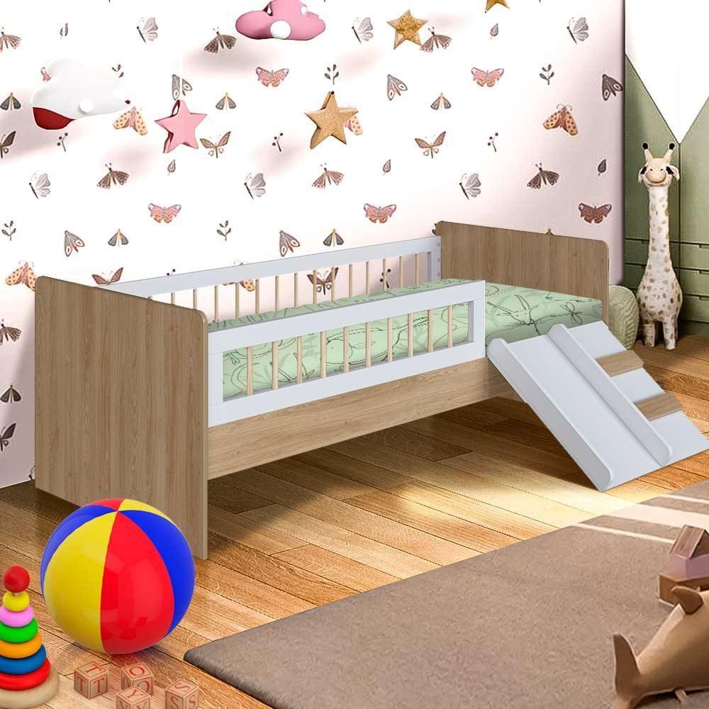 Cama Solteiro Infantil Com Grade De Proteção 135cm x 193cm Aveiro Oak Branco Dmitri Shop Jm