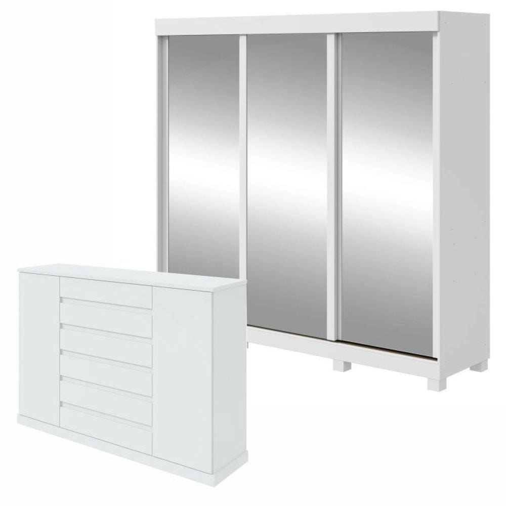 Conjunto de Guarda-Roupa 3 Portas 3 Gavetas Saion Plus Super Glass com Pése Cômoda Vedra Branco
