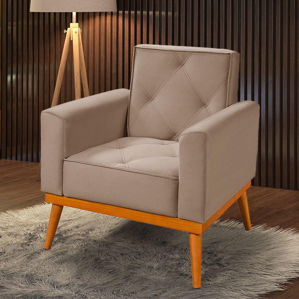 Poltrona Florença Base em Madeira Maciça Veludo Castor