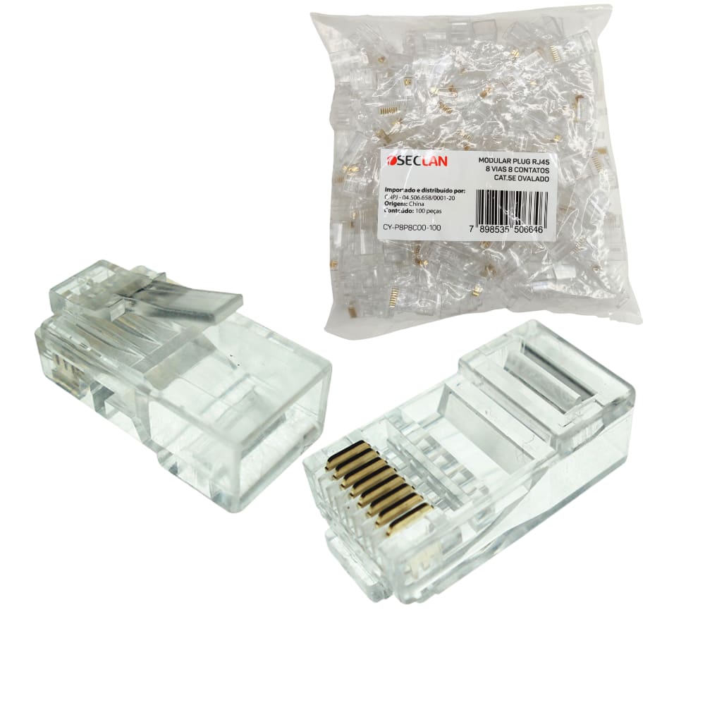 Kit 100 Conectores Modular Plug 8x8 Rj45 Cat.6 Sem Guias
