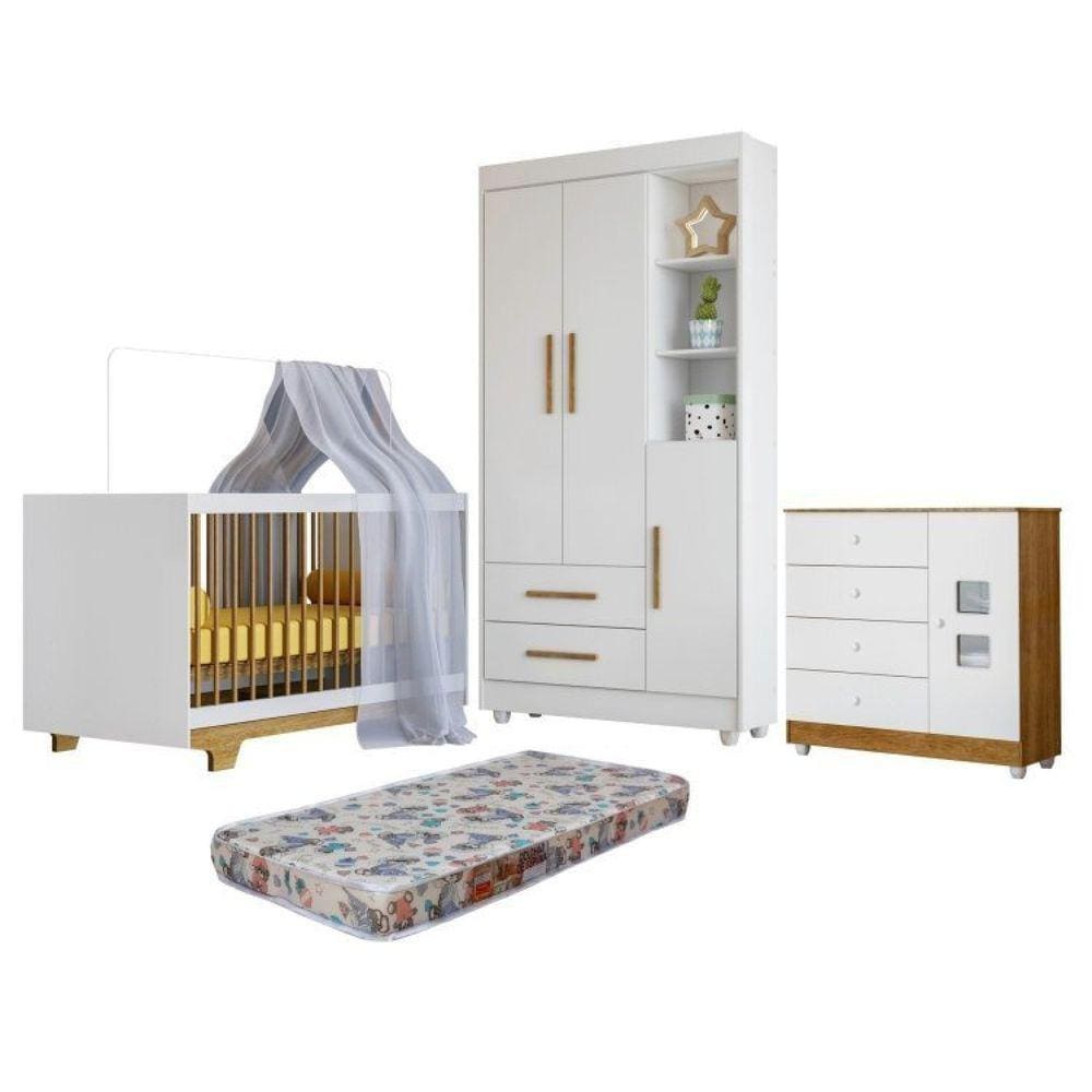 Quarto de Bebê com Berço Mini Cama, Cômoda 1 Porta 4 Gavetas e Roupeiro Flocos 3 Portas 2 Gavetas Branco/Madeirado Ypê
