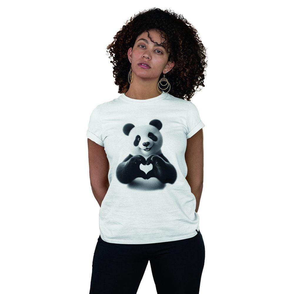 Camiseta Feminina Baby Look Panda Love Coração Fofo Branca
