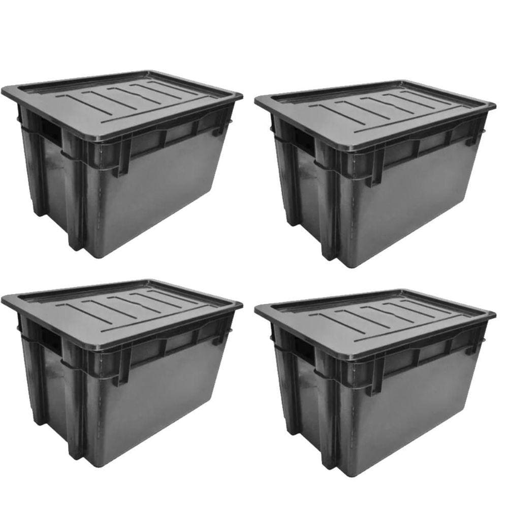 Kit 4 Organizador Multiuso Caixa 60 Lts Preta Com Tampa