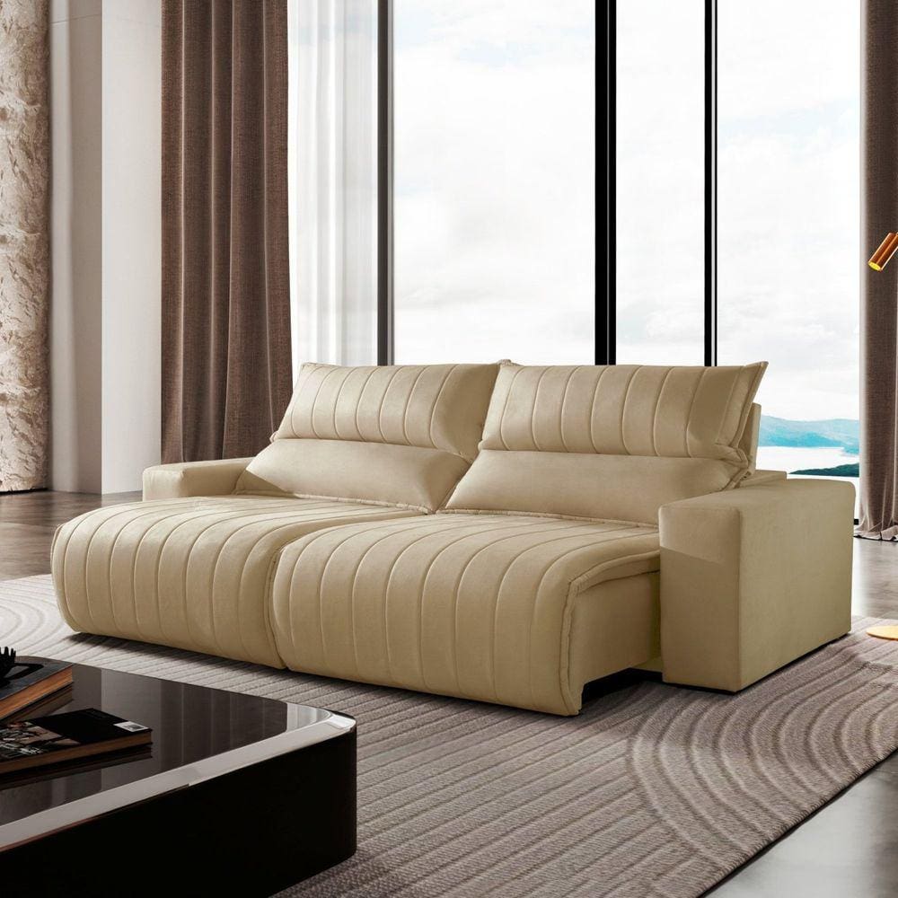 Sofá Retrátil e Reclinável com Catraca Blindada 250cm Palermo Veludo Jolie/Bege