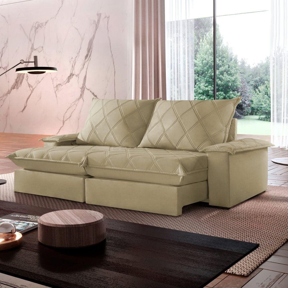 Sofá Retrátil e Reclinável com Catraca Blindada 280cm Merlot Veludo Jolie/Bege