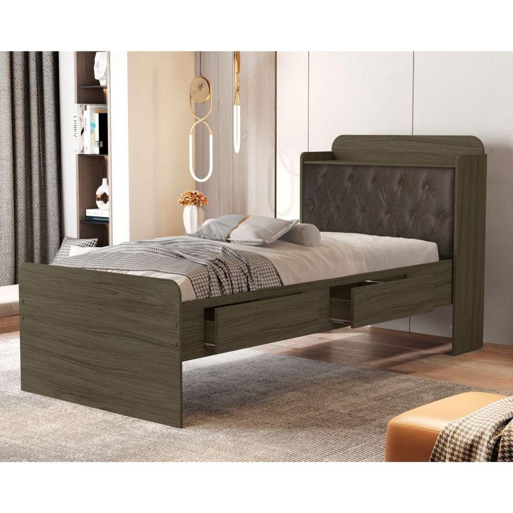 Cama Solteiro com Baú 2 Gavetas Tamires Castanho/Nogal