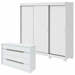 Conjunto de Guarda-Roupa 3 Portas 3 Gavetas Saion Plus com Pése Cômoda Urban 8 Gavetas Branco