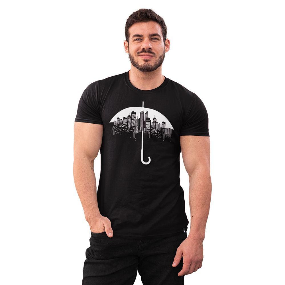 Camiseta Masculina Guarda-Chuva Cidade Grande Garoa Prédios