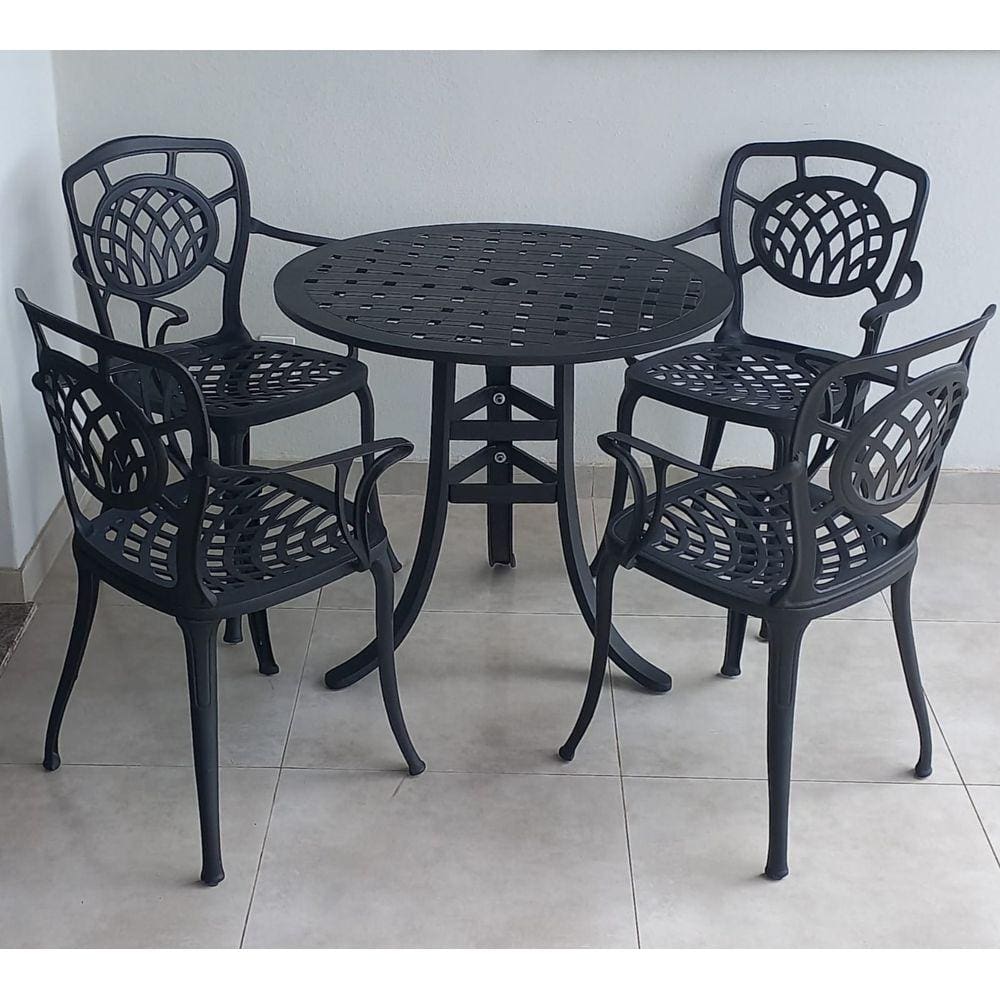 Conjunto Para Jardim Firenze Com de Mesa 80 cm e 4 Poltronas em Aluminio Fundido Unifer Móveis