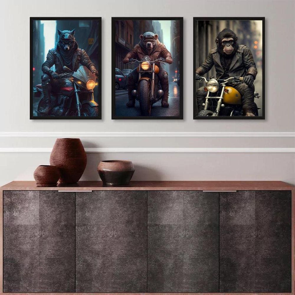 Kit 3 Quadros Motoqueiros Animais 24X18Cm