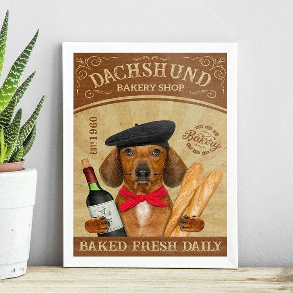 Quadro Cozinha Dachshund - Pão E Vinho 24X18Cm - Com Vidro
