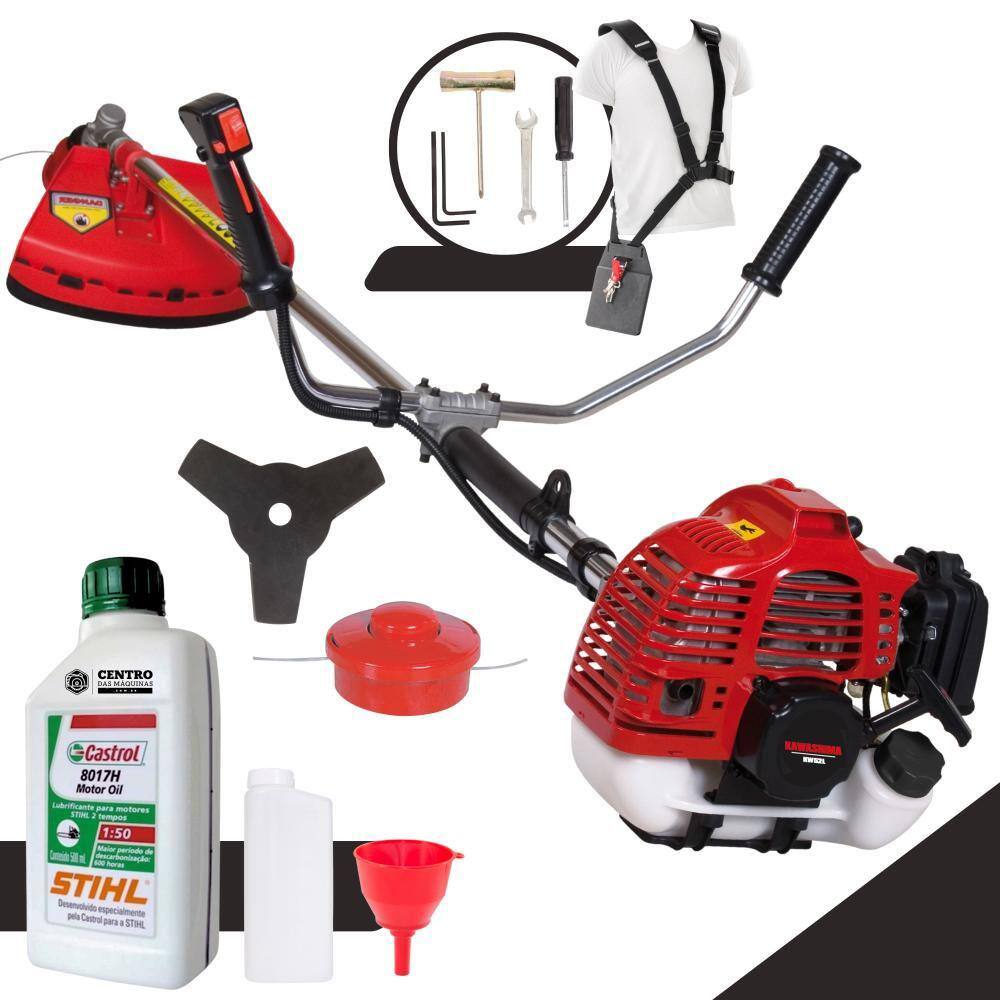 Máquina de Cortar Grama À Gasolina Kawashima KW52L 2T 52cc 2,5HP Roçadeira Com Lâmina 3 Pontas e Cabeçote Nylon + ÓLEO STIHL 2T