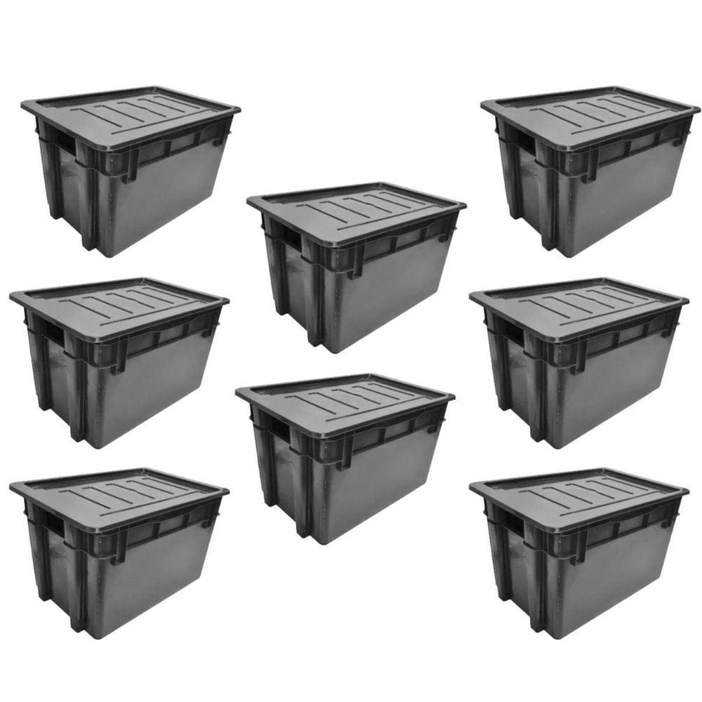 Kit 8 Organizador Multiuso Caixa 60 Lts Preta Com Tampa