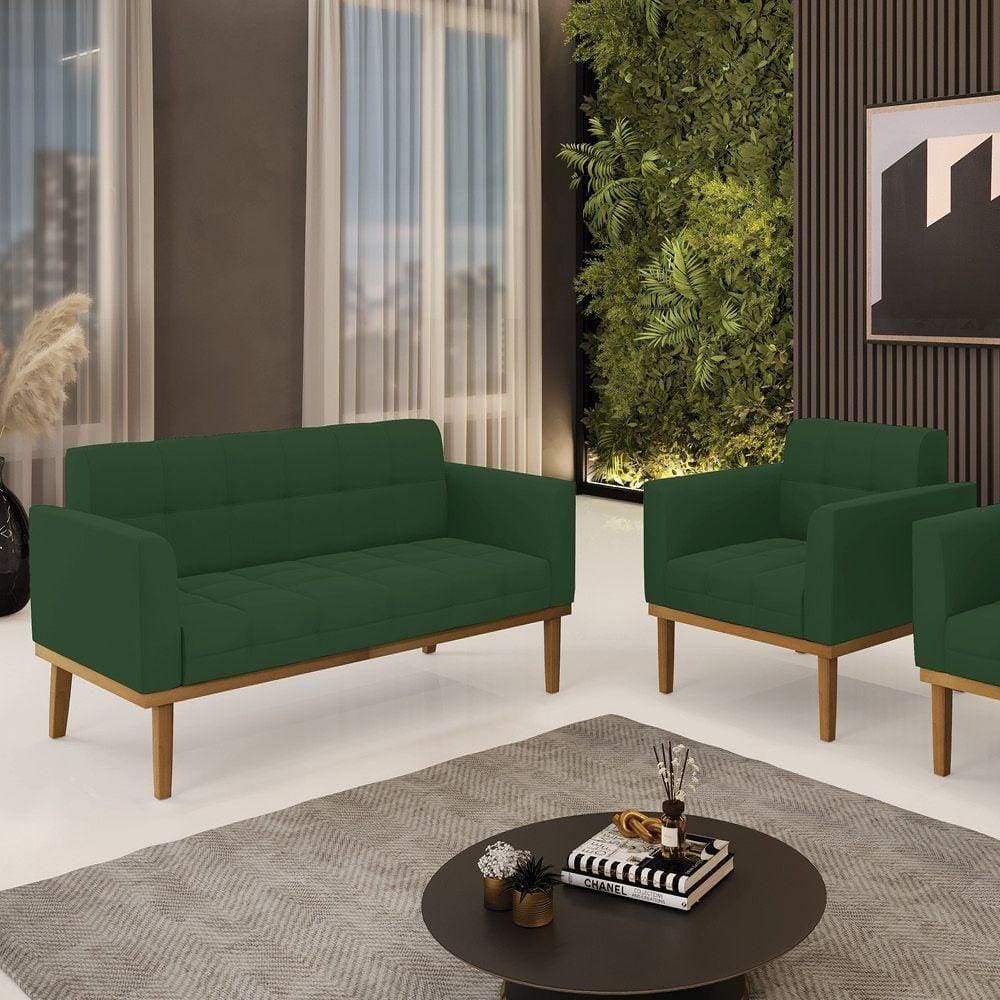 Conjunto Poltrona E Namoradeira Decorativas Pés Fixo Em Madeira Castanho Veludo Verde Esmeralda