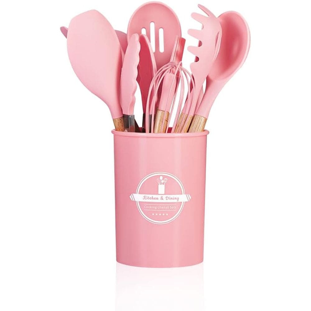 Jogo Kit C/12 Peças Utensílios De Cozinha em Silicone Colheres Espátula Cabo Madeira