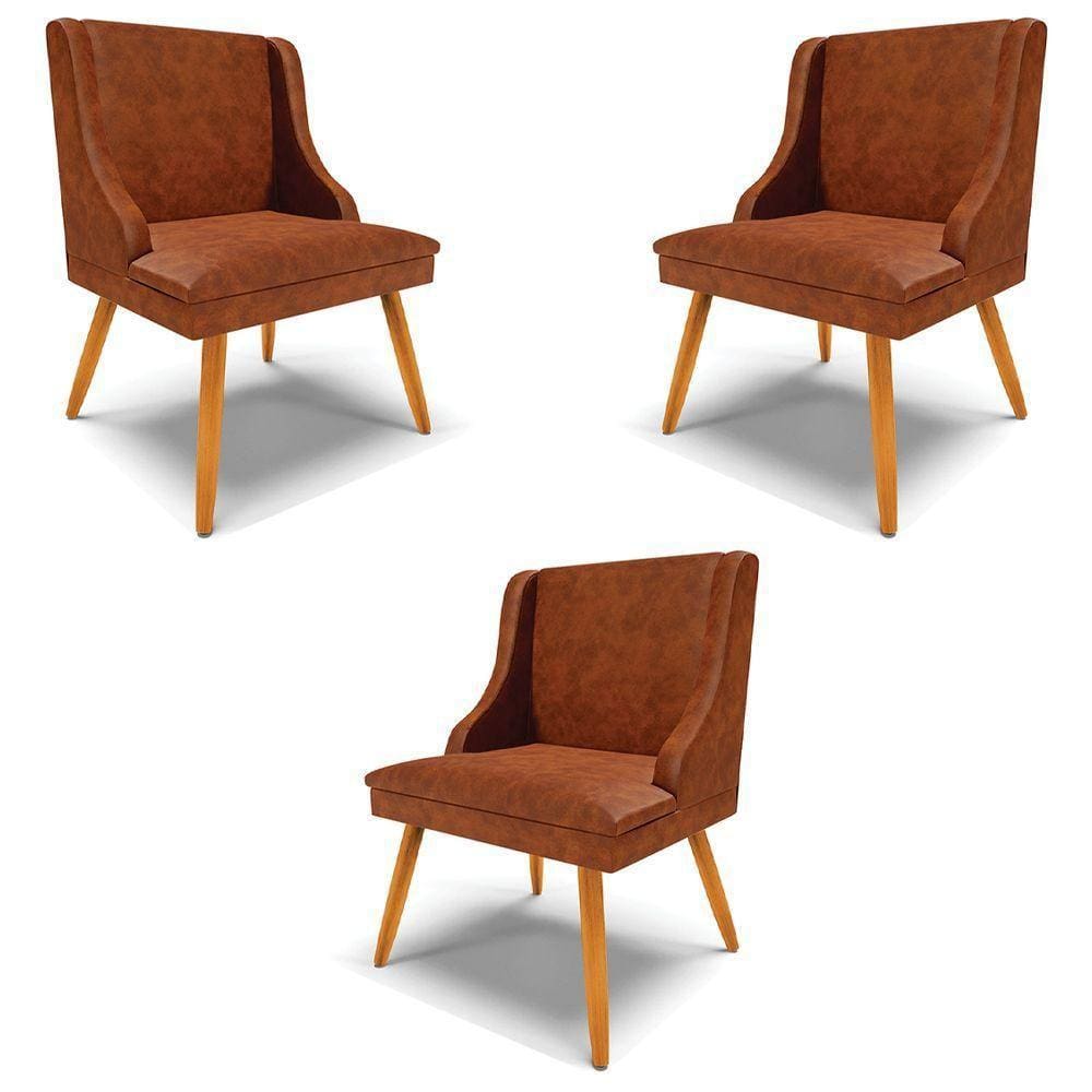 Kit 3 Cadeiras Decorativas Sala De Jantar Pés Palito De Madeira Pu Nozes/