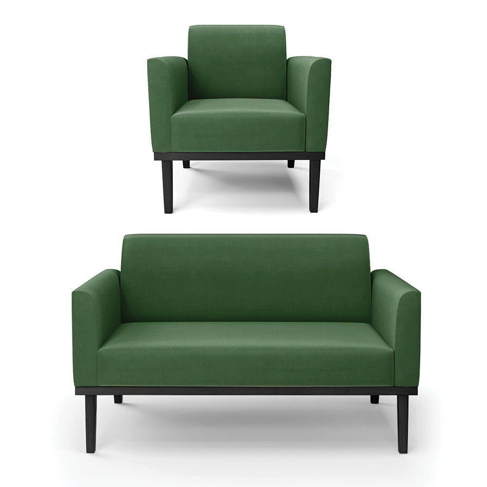 Conjunto Poltrona E Namoradeira Decorativa Pés Fixo Em Madeira Preto Suede Verde