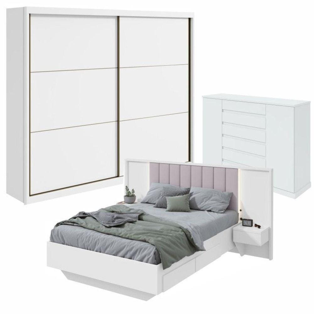 Conjunto com Guarda-Roupa Casal Toronto Pluse Cômoda Vedrae Cama Casal Solaris Branco