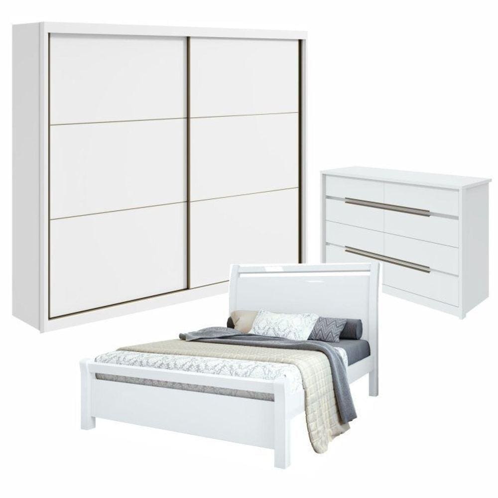 Conjunto de Guarda-Roupa Casal Toronto Pluse Cômoda Urban e Cama Casal Reali Branco
