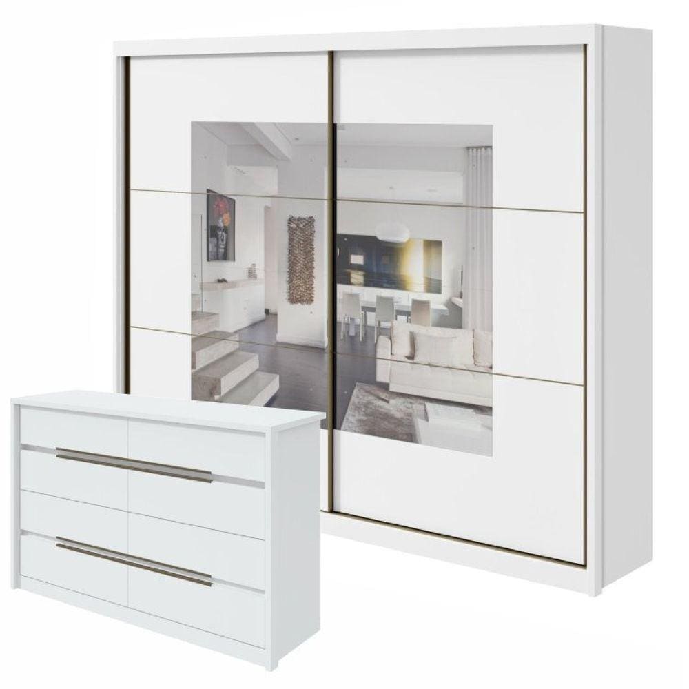 Conjunto de Guarda-Roupa Casal com Espelho 2 Portas 6 Gavetas Toronto Pluse Cômoda Urban Branco