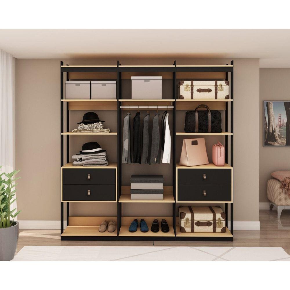 Conjunto Closet Industrial 3 Modulado com 1 Cabideiro e 4 Gavetas com Puxador em Courinho Freijó/Preto
