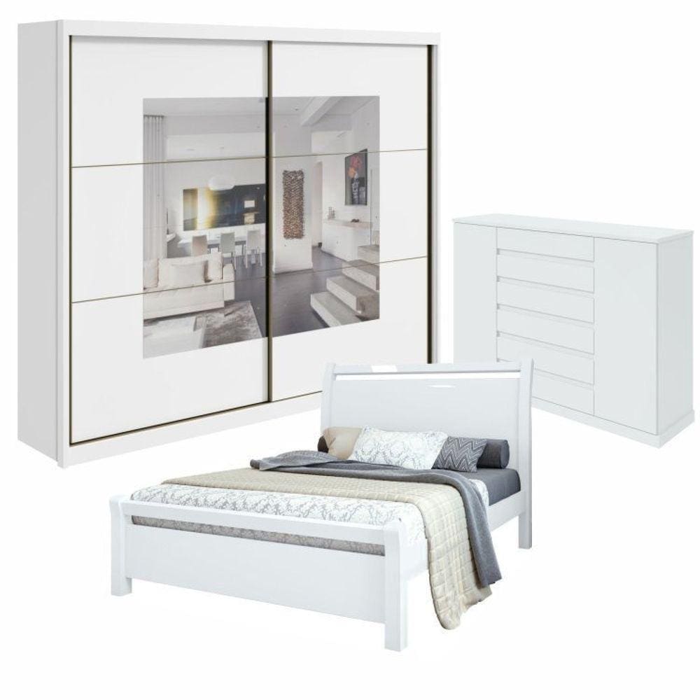 Conjunto com Guarda-Roupa com Espelho Toronto Plus e Cômoda Vedrae Cama Casal Reali Branco