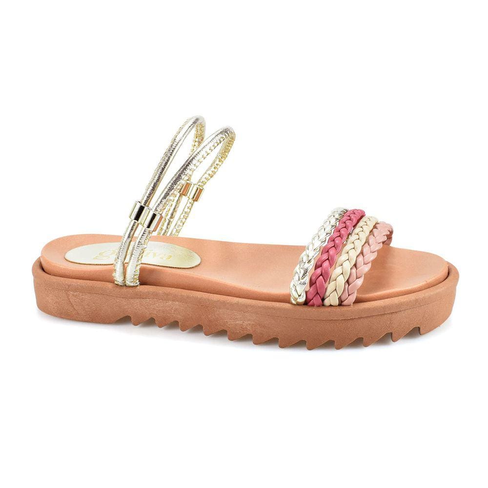 Sandalia Feminina Rasteira Trançada 4 Tiras Godiva Ouro Light