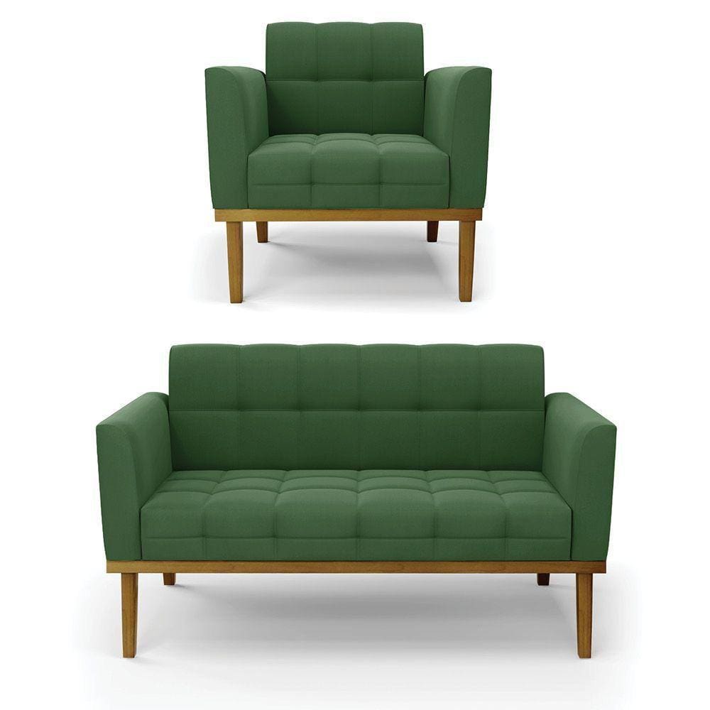 Conjunto Poltrona E Namoradeira Decorativas Pés Fixo Em Madeira Castanho Suede Verde