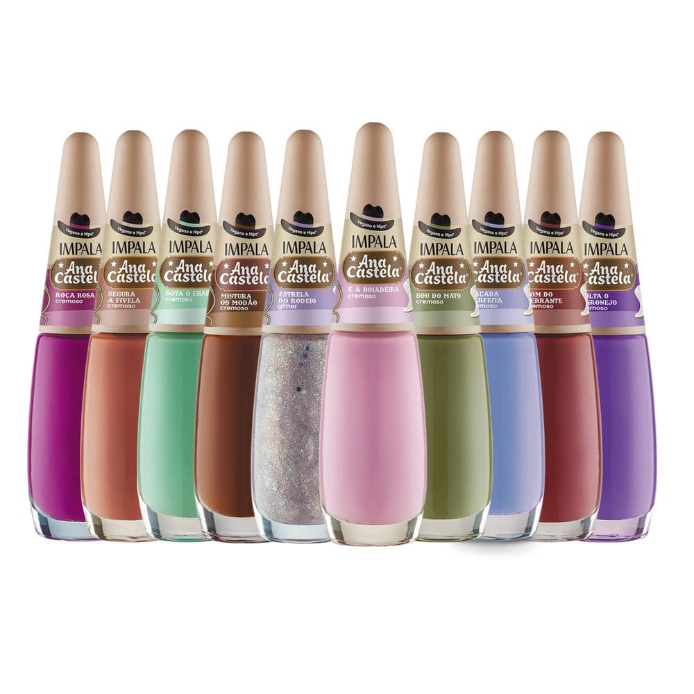 Kit 10 Esmaltes Cremosos 7,5ml Ana Castela Hipoalergênico Vegano Impala