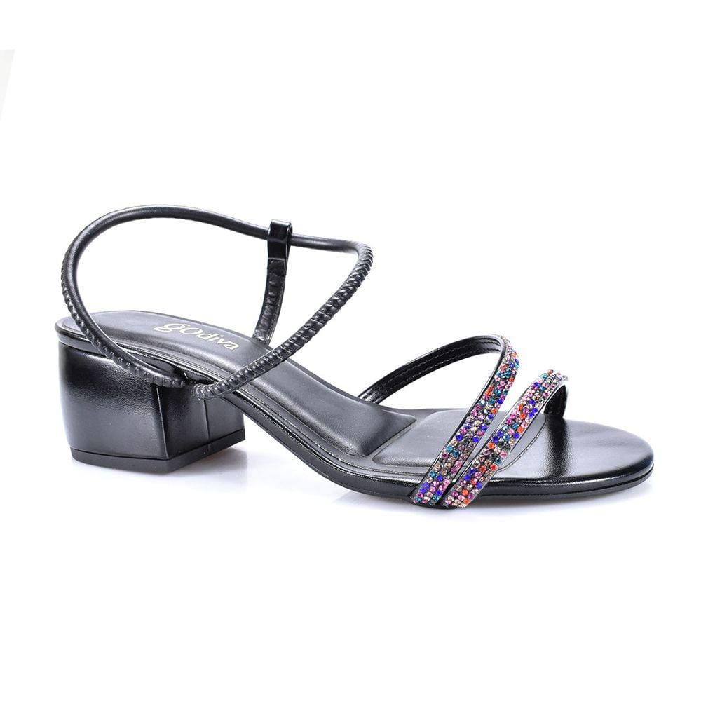 Sandália Feminina Salto Baixo Strass Colorido Godiva Preto Ultra Confortavel