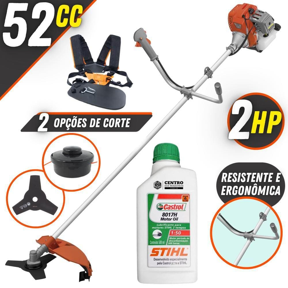 Roçadeira Robusta Á Gasolina Tekna RL520AC-G2 2T 52cc 2HP 13.000RPM Alta Rotação Com Lâmina de Corte 3 Pontas e Cabeçote Nylon + ÓLEO STIHL 2T