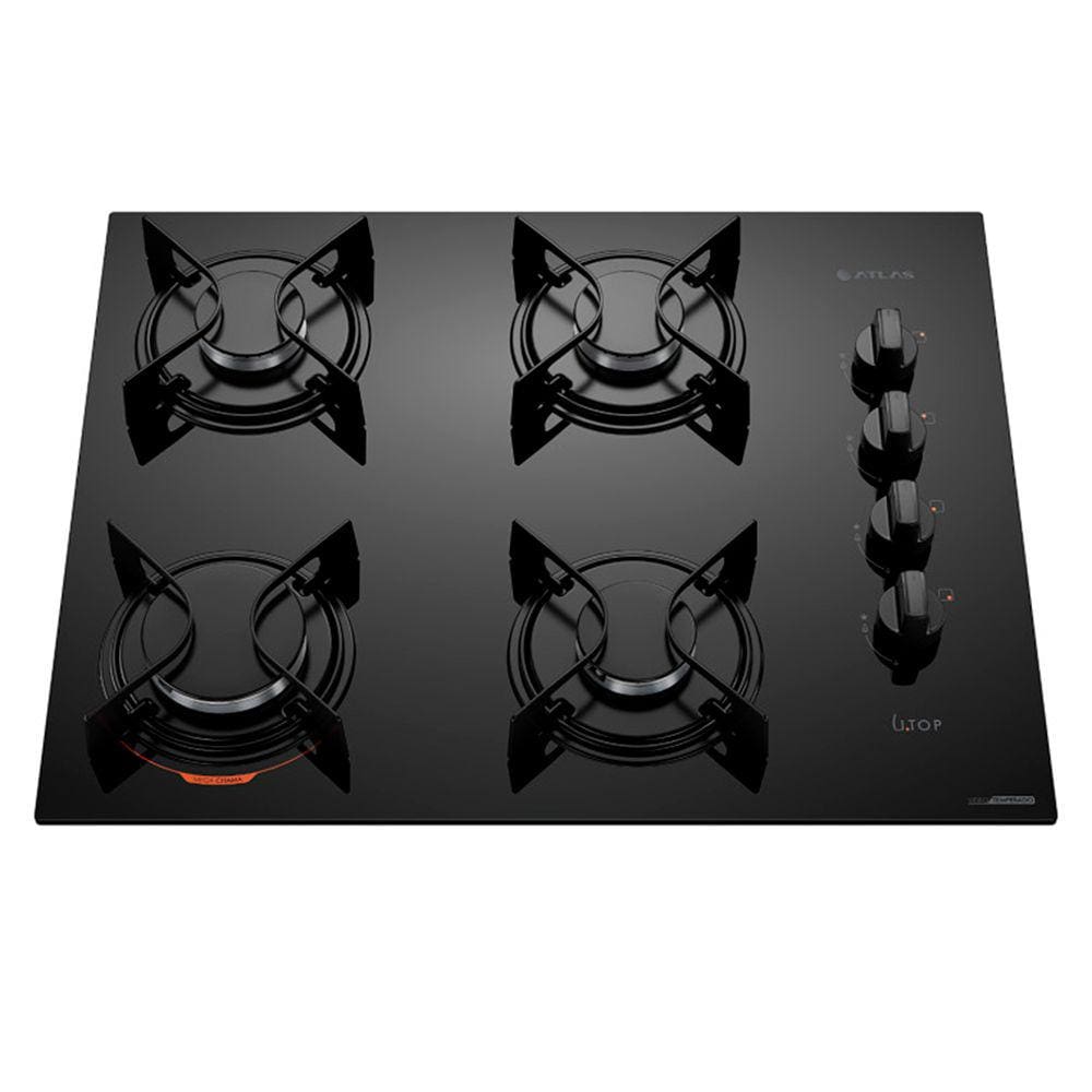 Cooktop 4 Bocas Atlas Preto com Mesa de Vidro U Top Bivolt