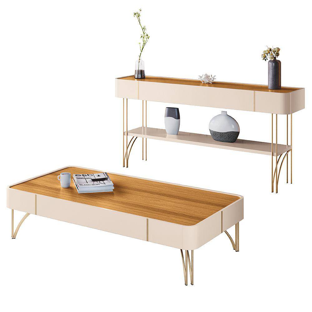 Kit Mesa de Centro Com Aparador 160 cm Ágata H01 Off White - Cinamomo Clique Chique