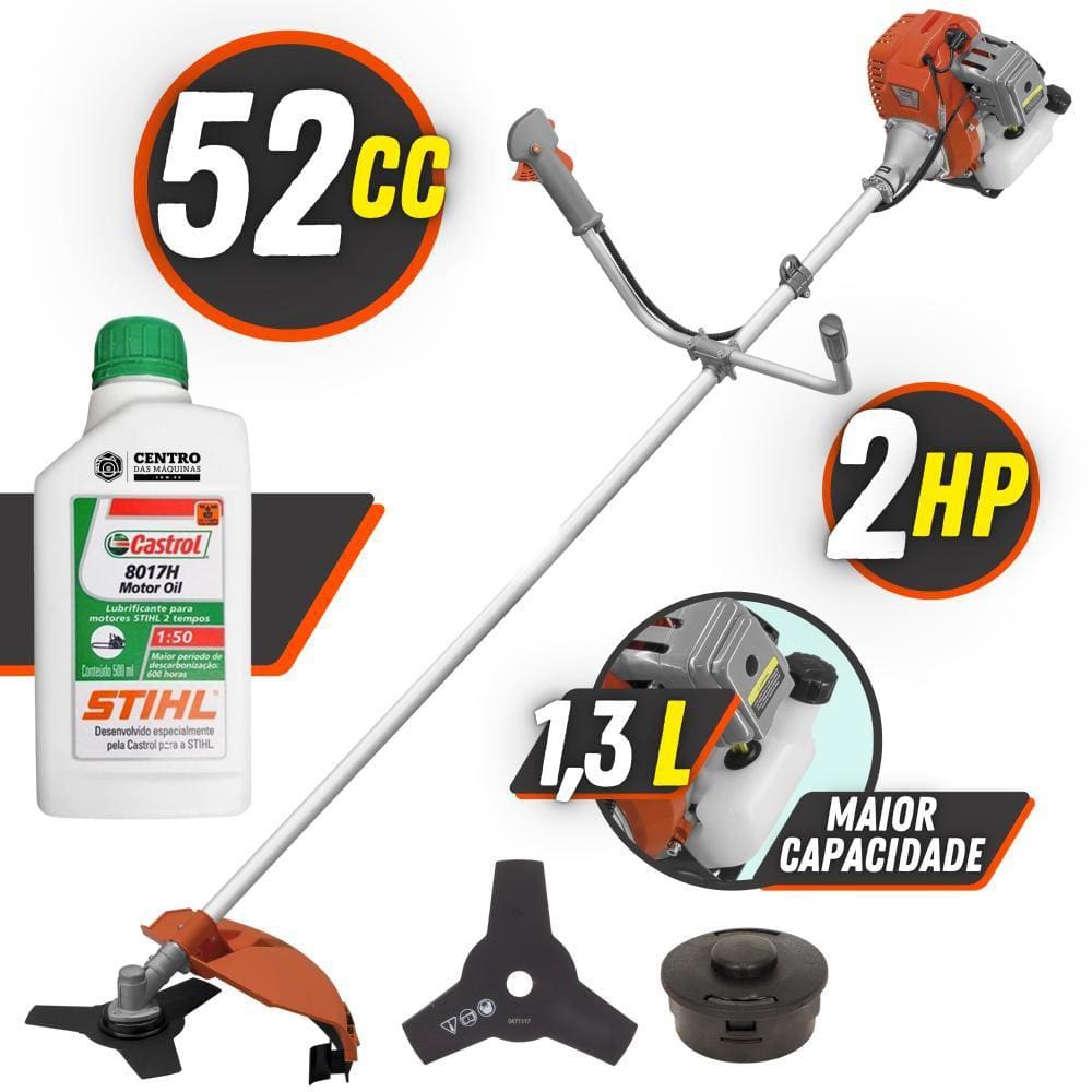 Roçadeira Lateral Á Gasolina Tekna RL520ACG2 2T 52cc 2HP 13.000rpm Cortador de Grama Profissional C/ Lâmina 3 Pontas e Carretel + ÓLEO STIHL 2T