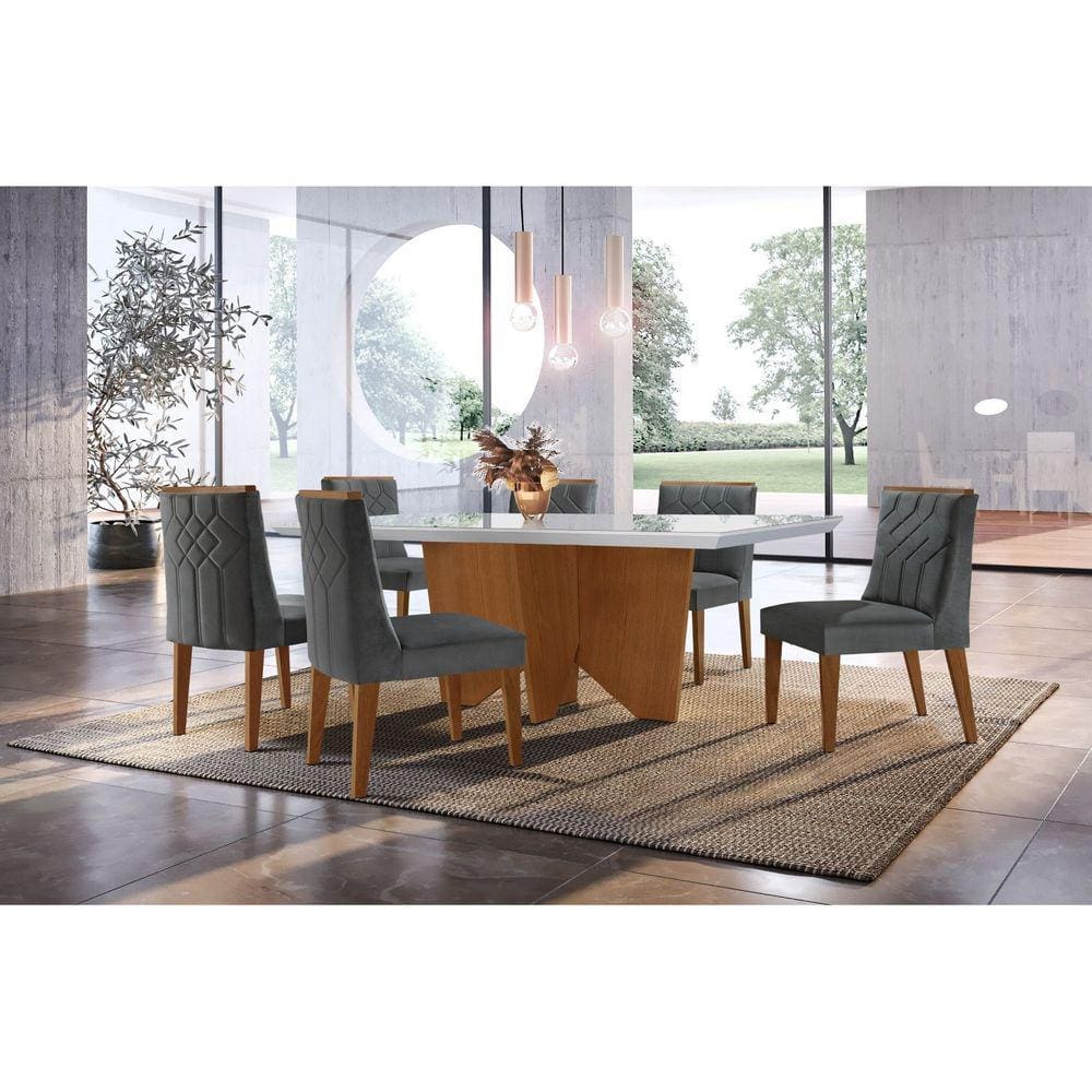 Mesa Nancy 180 Tp Mdf Canto Reto com 6 Cadeiras Nancy Luxo Grafite/Imbuia