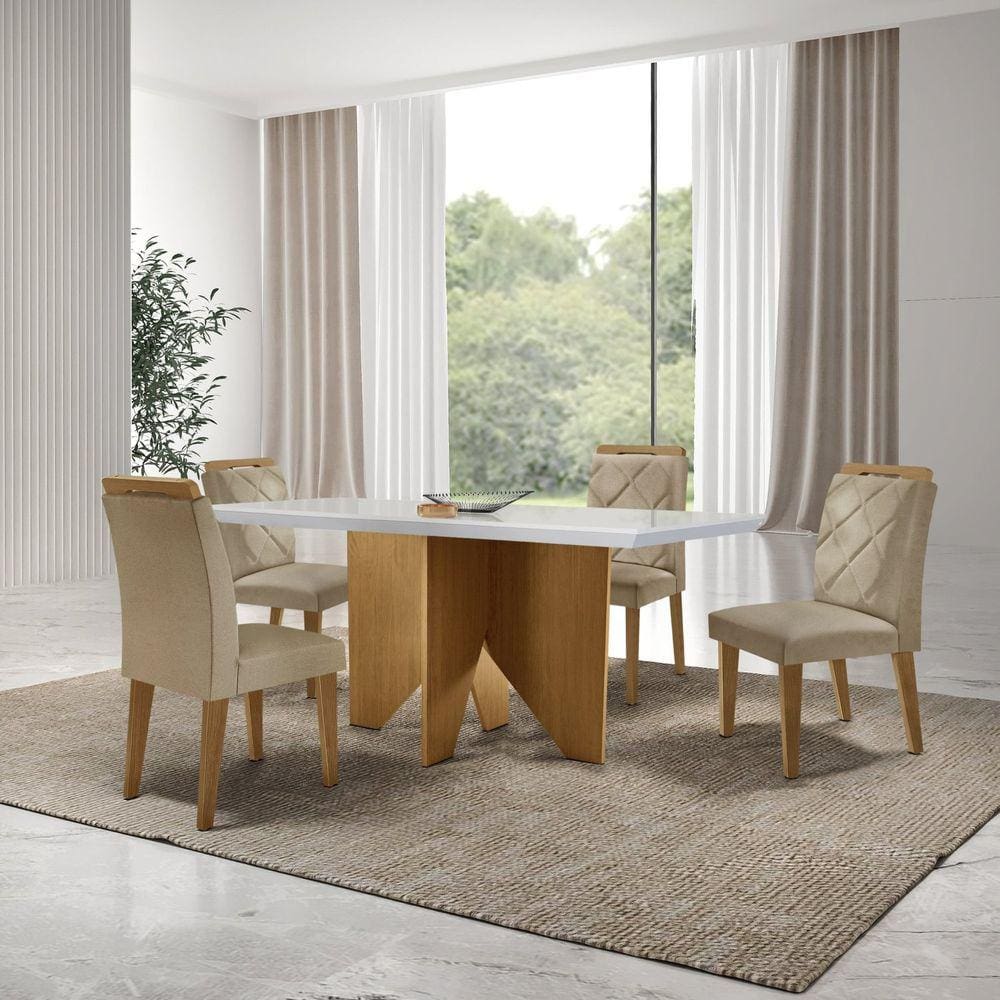 Mesa Nancy 120 Tampo Mdf Canto Reto com 4 Cadeiras Hydra Turim/Off White/Imbuia