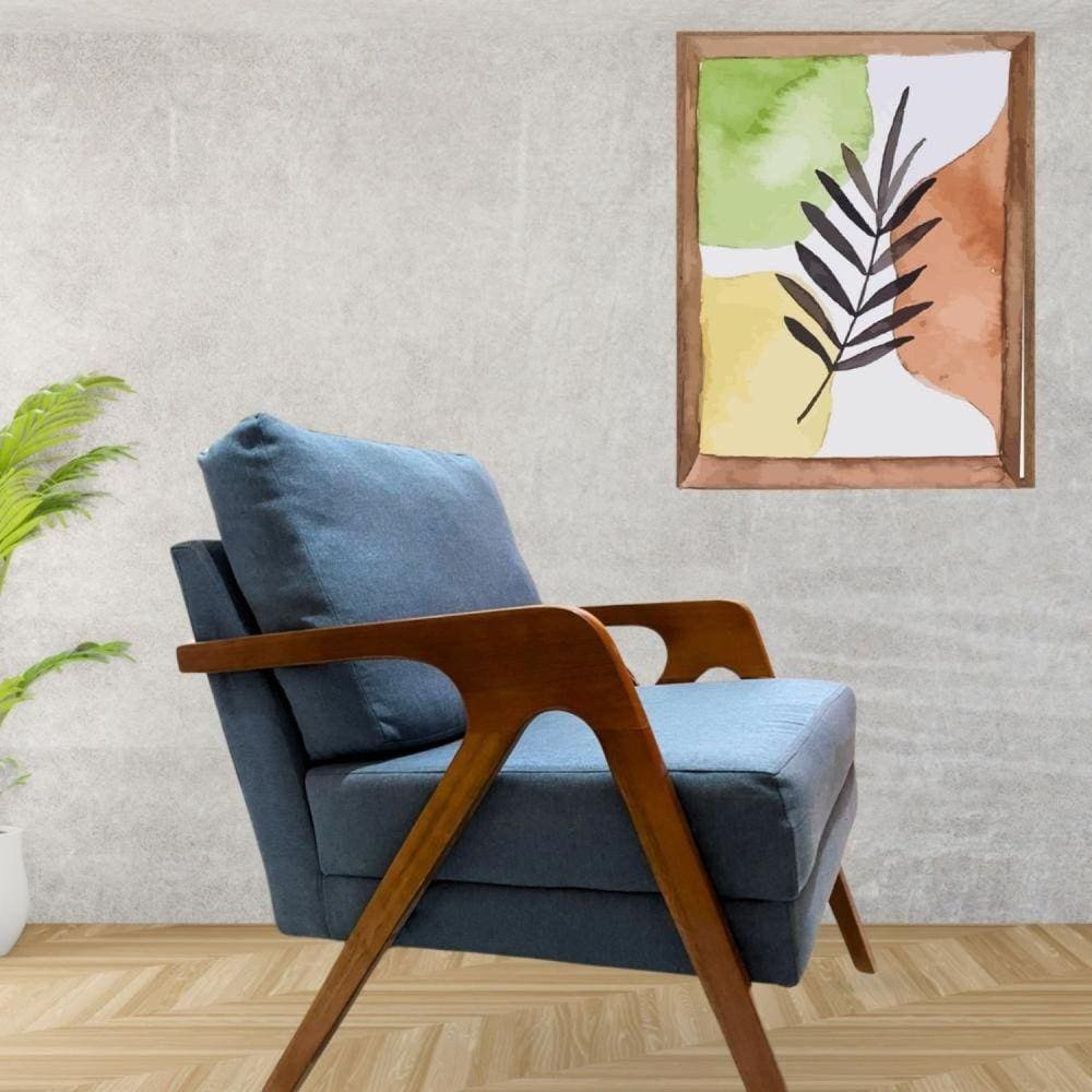 Poltrona Decorativa Braço de Madeira Linho Mona Azul