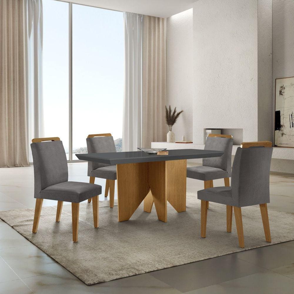 Mesa Nancy 120 Tampo Mdf Canto Reto com 4 Cadeiras Bugatti Grafite/Off White/Imbuia