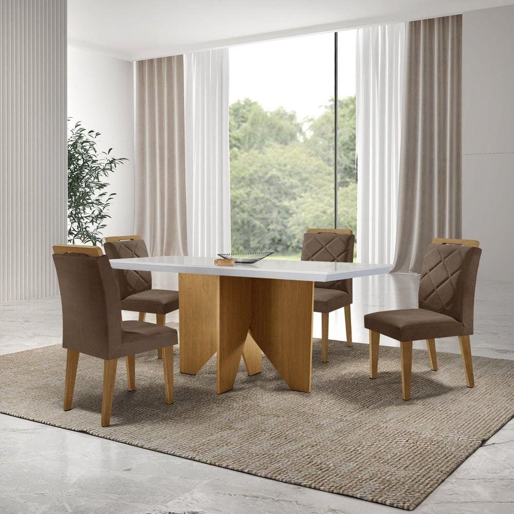 Mesa Nancy 120 Tampo Mdf Canto Reto com 4 Cadeiras Hydra Marrom/Off White/Imbuia