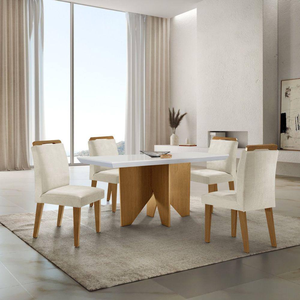Mesa Nancy 120 Tampo Mdf Canto Reto com 4 Cadeiras Bugatti Creme/Off White/Imbuia