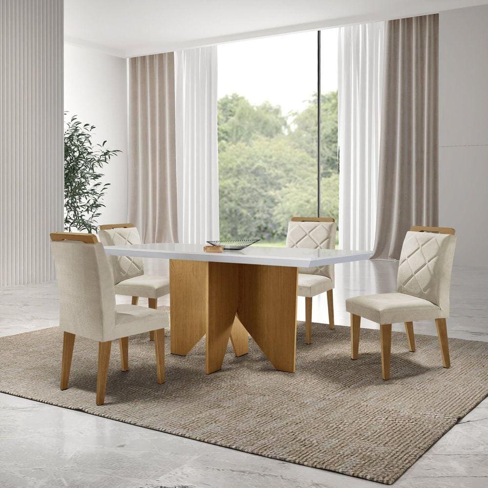 Mesa Nancy 120 Tampo Mdf Canto Reto com 4 Cadeiras Hydra Creme/Off White/Imbuia
