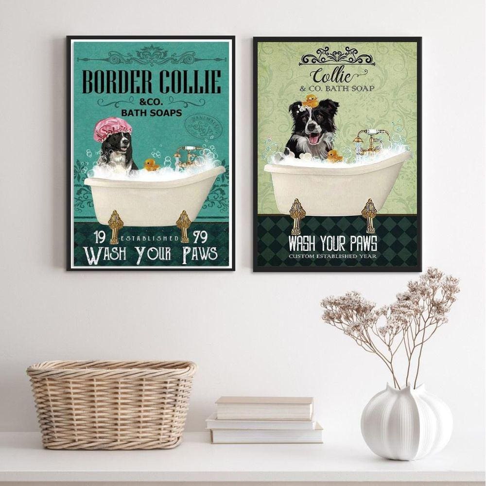 Kit 2 Quadros Banheiro Cão Border Collie 33X24Cm